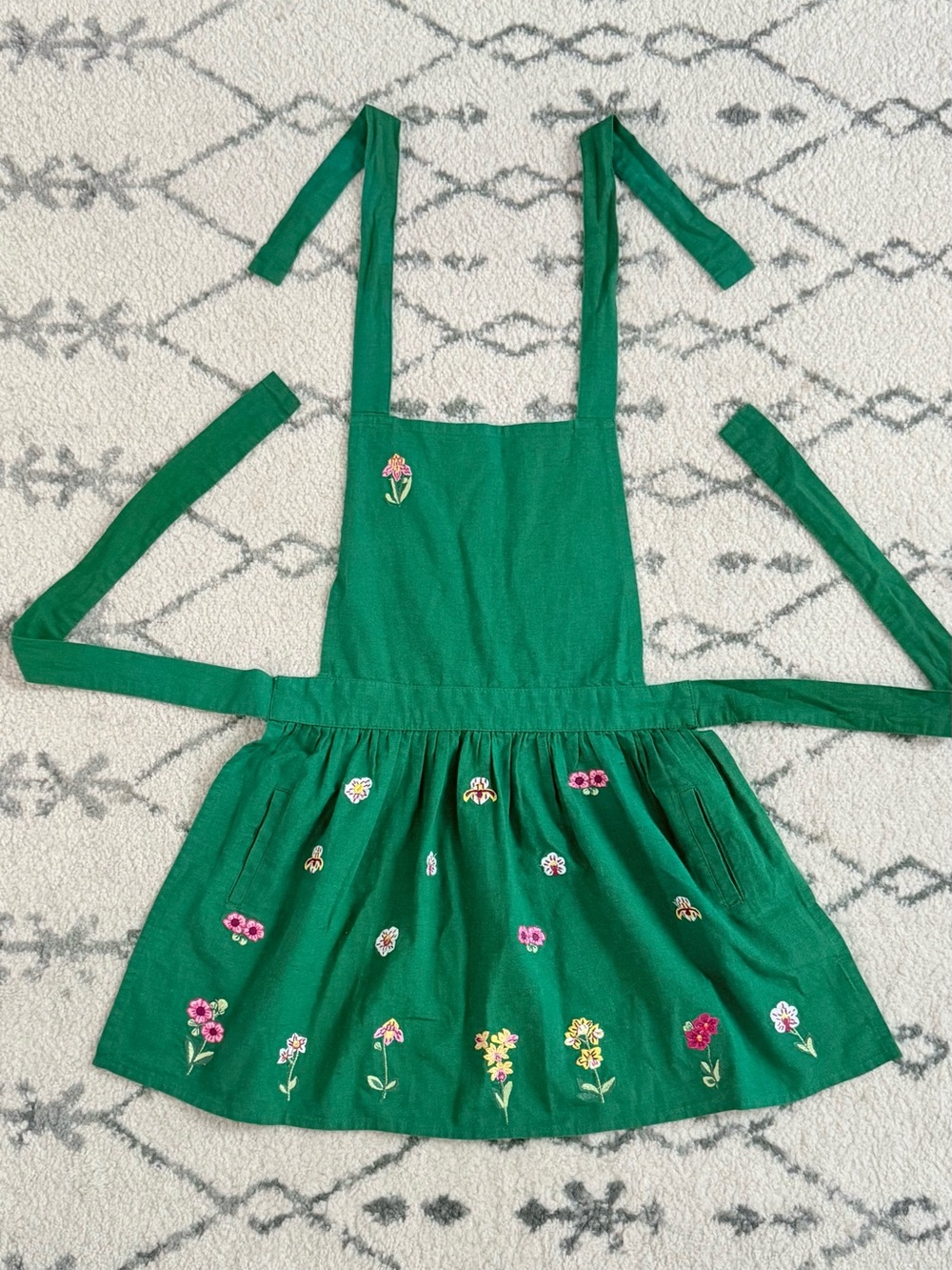 Green Floral Embroidered Kids Pinafore Apron
